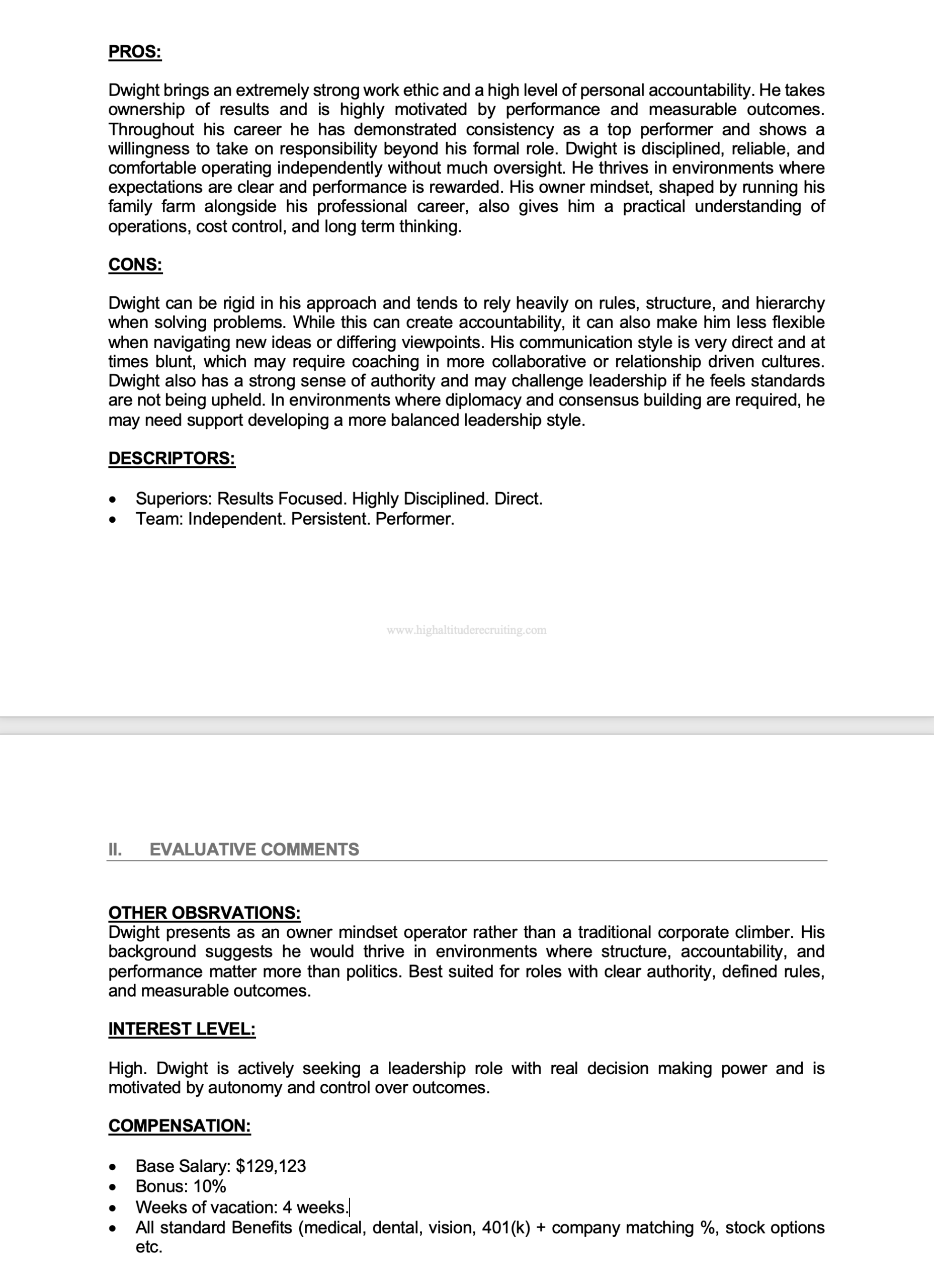 Sample candidate compensation and notes summary